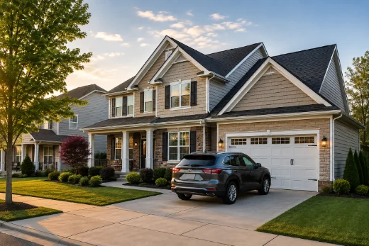 Suburban home with white SUV in driveway