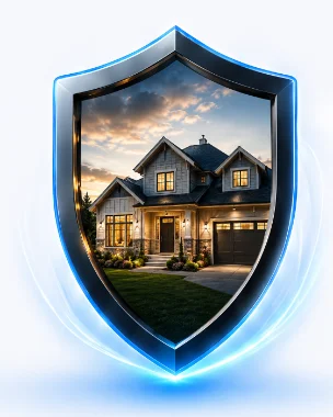 Glowing blue shield with house photo inset