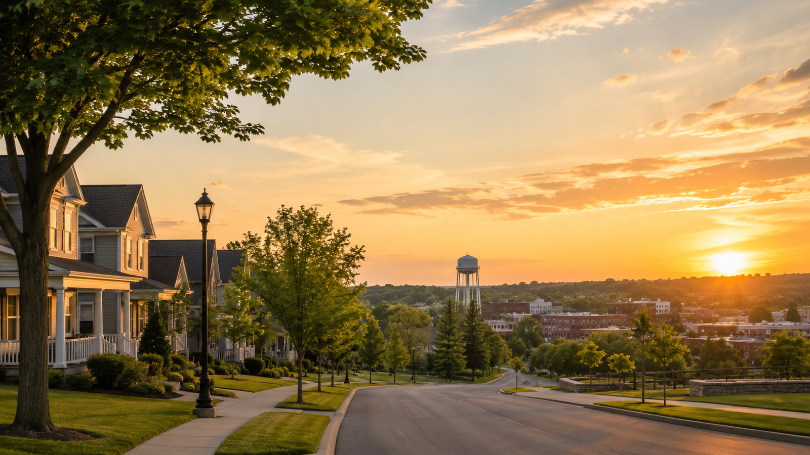 Tree-lined neighborhood street at sunset overlooking a small Ohio town with a water tower